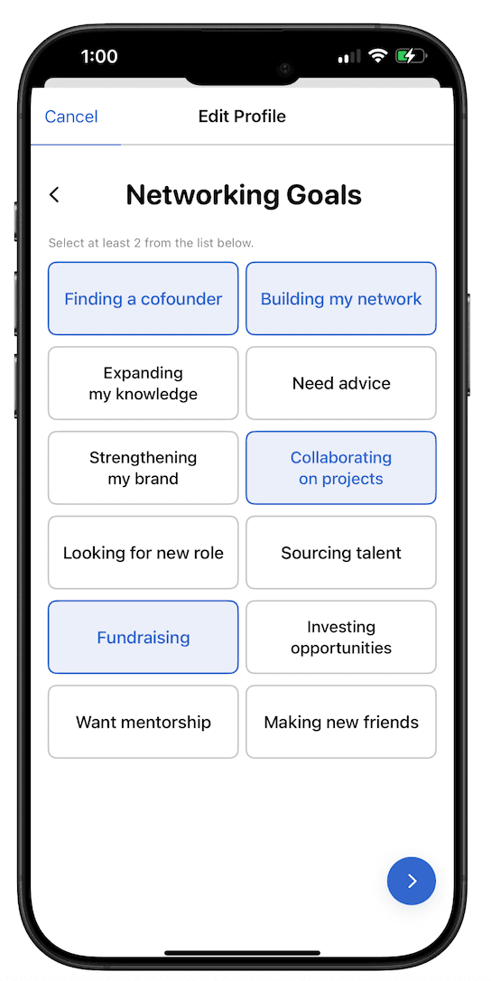Match on Goals screen