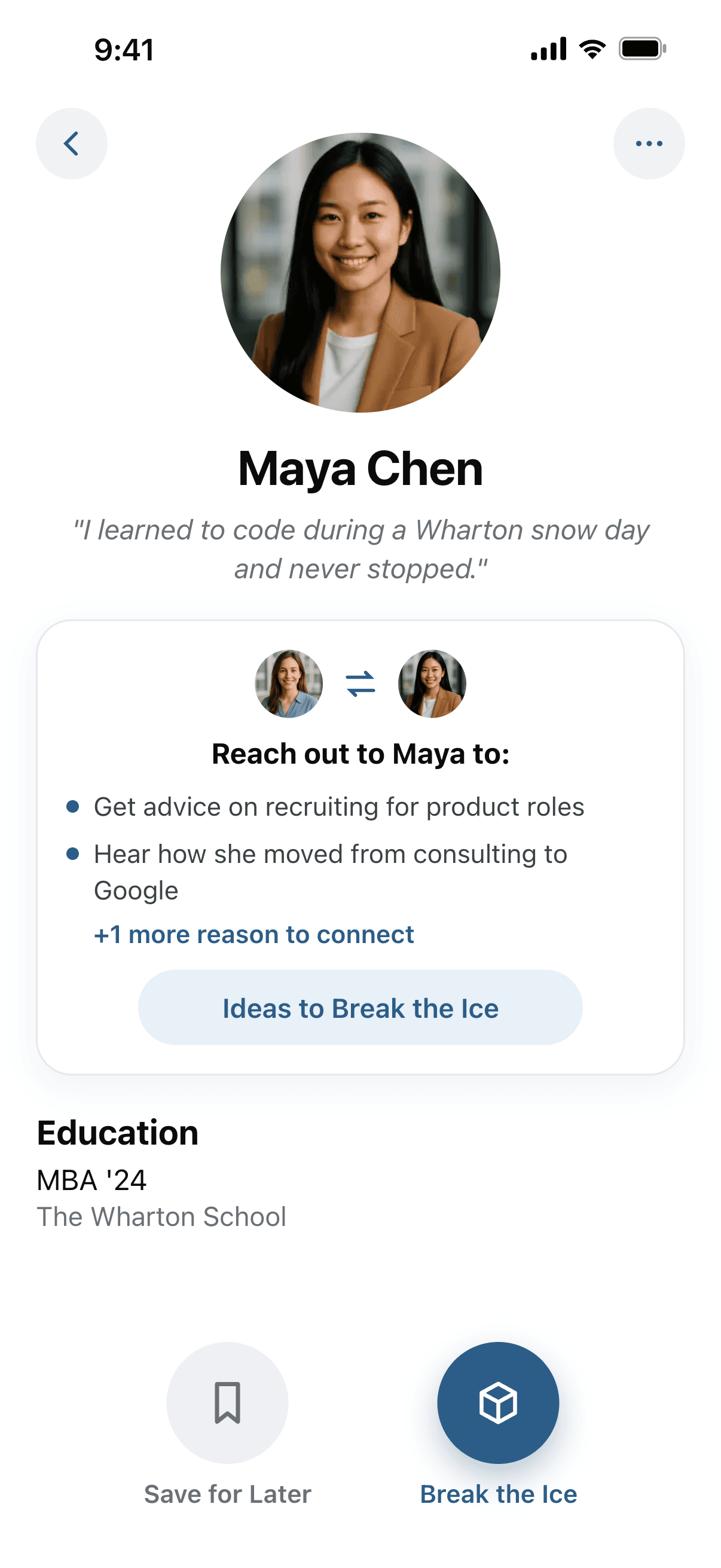 Icebreaker member profile for Maya Chen
